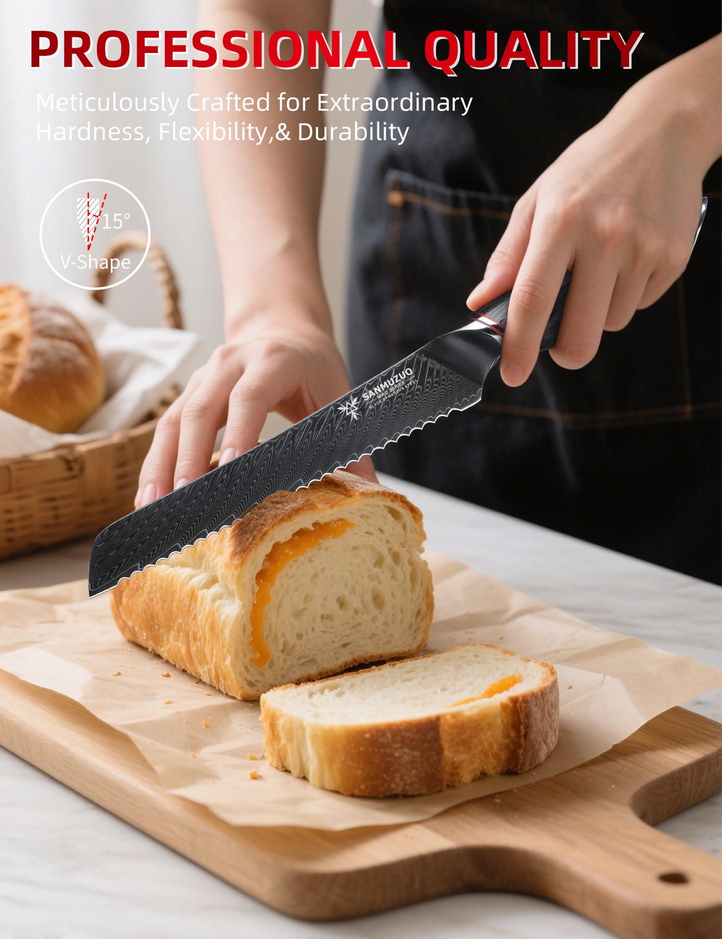 SANMUZUO 8 Inch Bread Knife Serrated Blade - Black Damascus Steel with Ergonomic Handle - MIAO Series