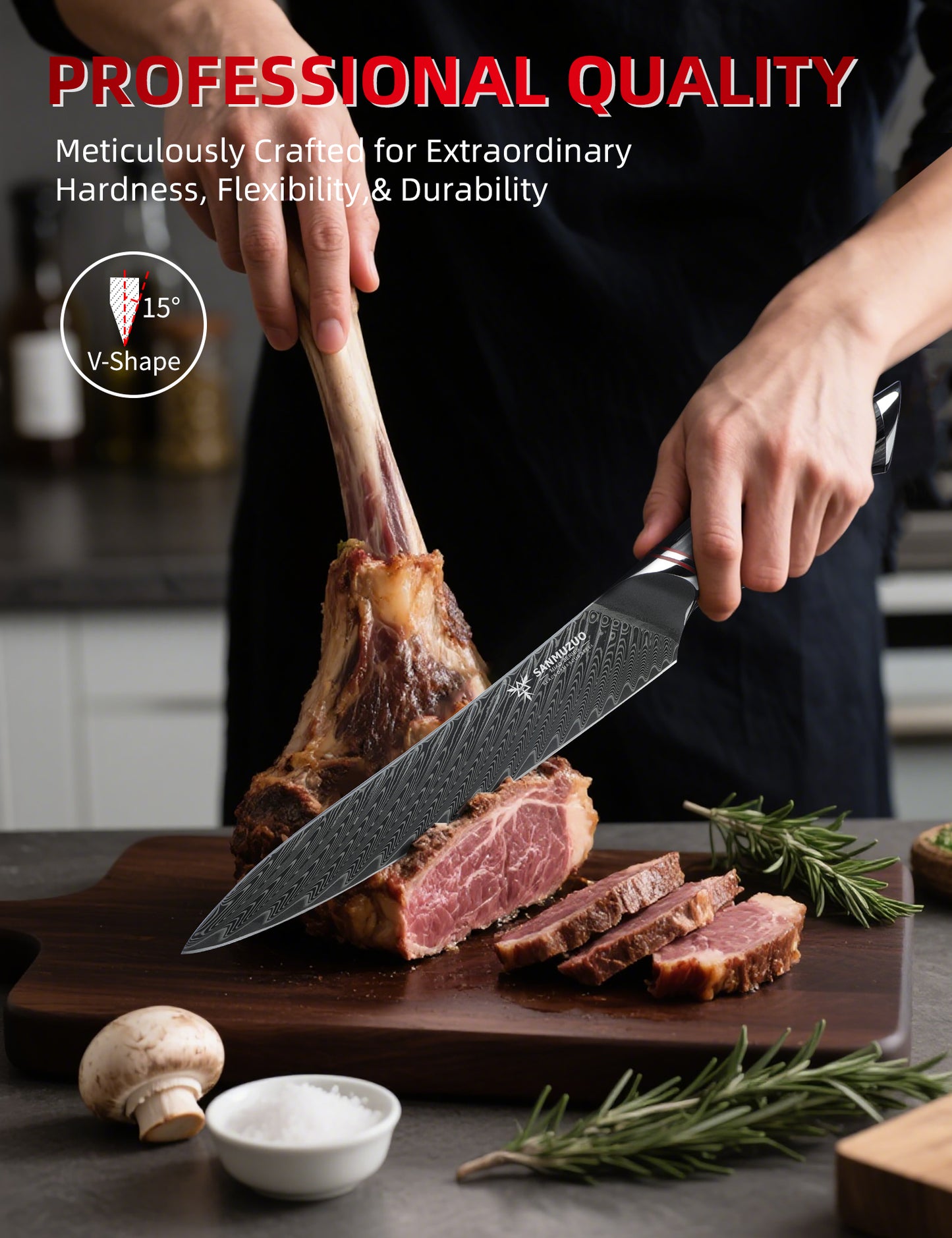 SANMUZUO 8 Inch Carving Knife, Slicing Knife - Black Damascus Steel with Ergonomic Handle - MIAO Series