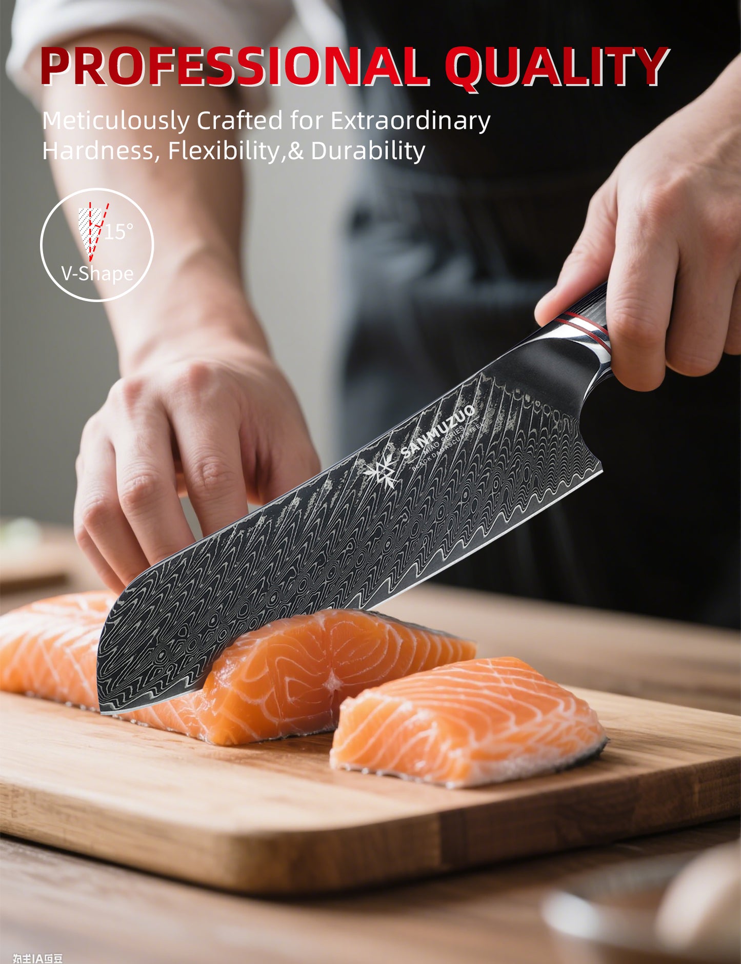 SANMUZUO Japanese 7" Santoku Knife - Kitchen Chef Knife - Black Damascus Steel with Ergonomic Handle - MIAO Series