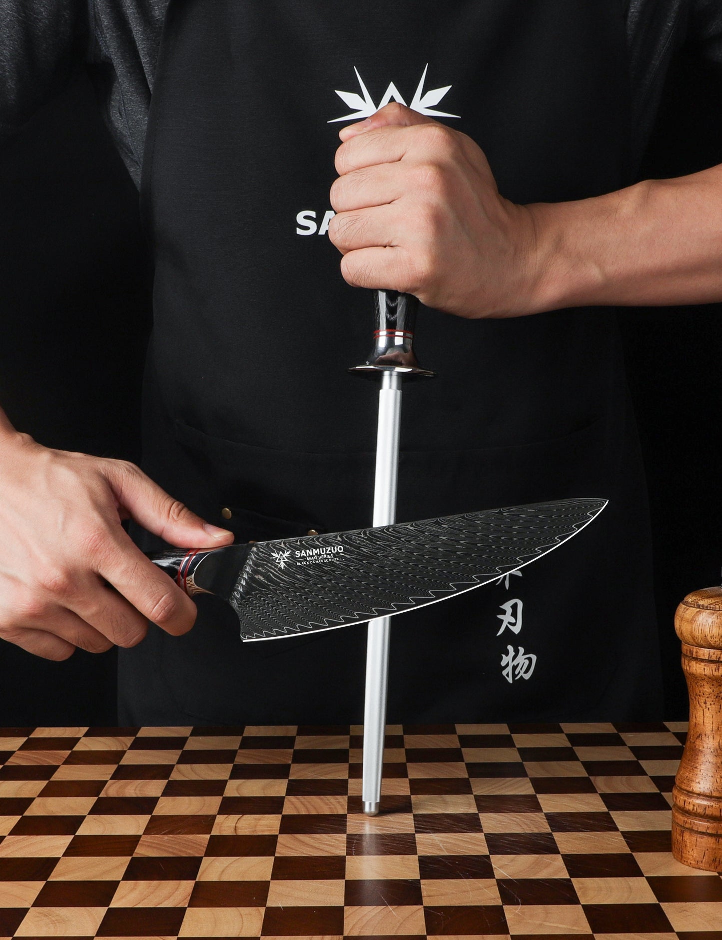 SANMUZUO Honing Rod, Sharpening Steel for Kitchen Knives – 9" Honing Steel with Pakkawood Handle – MIAO Series