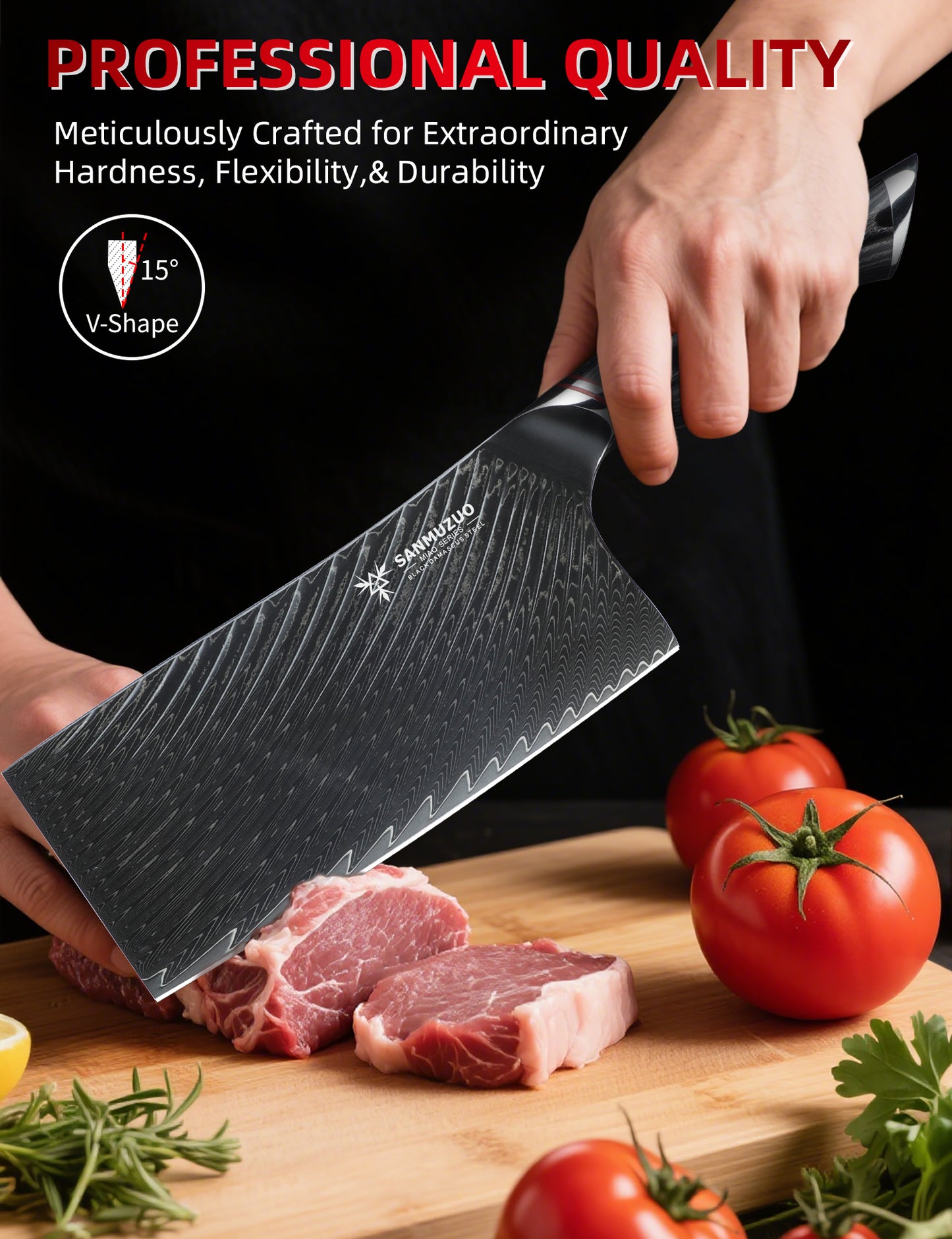 SANMUZUO 7 Inch Meat Cleaver Knife - Chinese Kitchen Vegetable Cleaver - Black Damascus Steel with Ergonomic Handle - MIAO Series