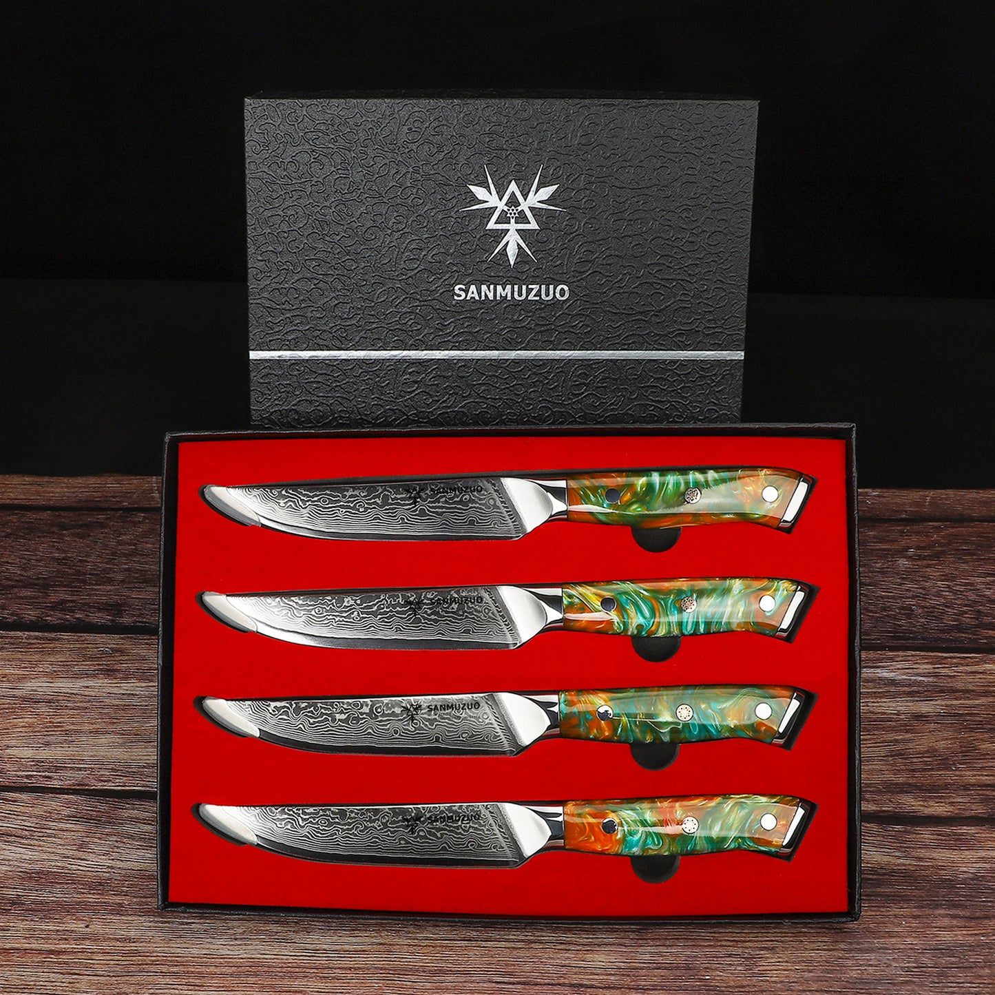 SANMUZUO Steak Knives Set of 4, Ultra Sharp Non Serrated Kitchen Steak Knife 5 Inch - Damascus Steel & Resin Handle - Xuan Series