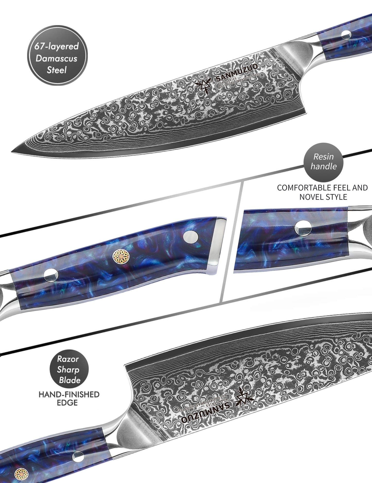 SANMUZUO Chef Knife - 8 inch - Xuan Series - VG10 Damascus Steel Kitchen Knife - Resin Handle