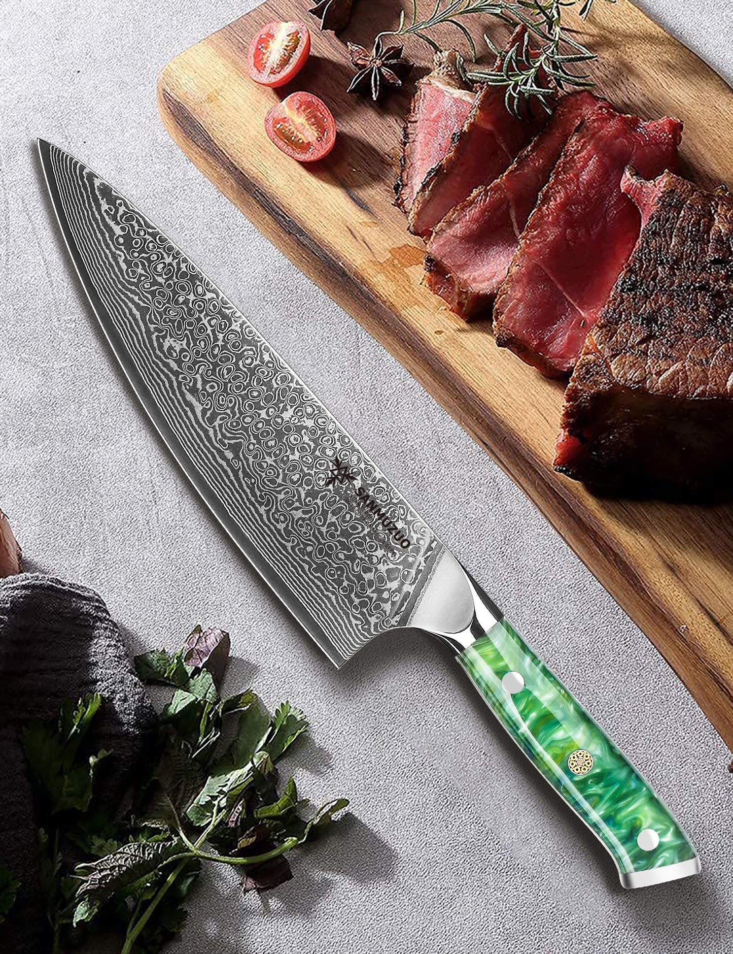 SANMUZUO Chef Knife - 8 inch - Xuan Series - VG10 Damascus Steel Kitchen Knife - Resin Handle