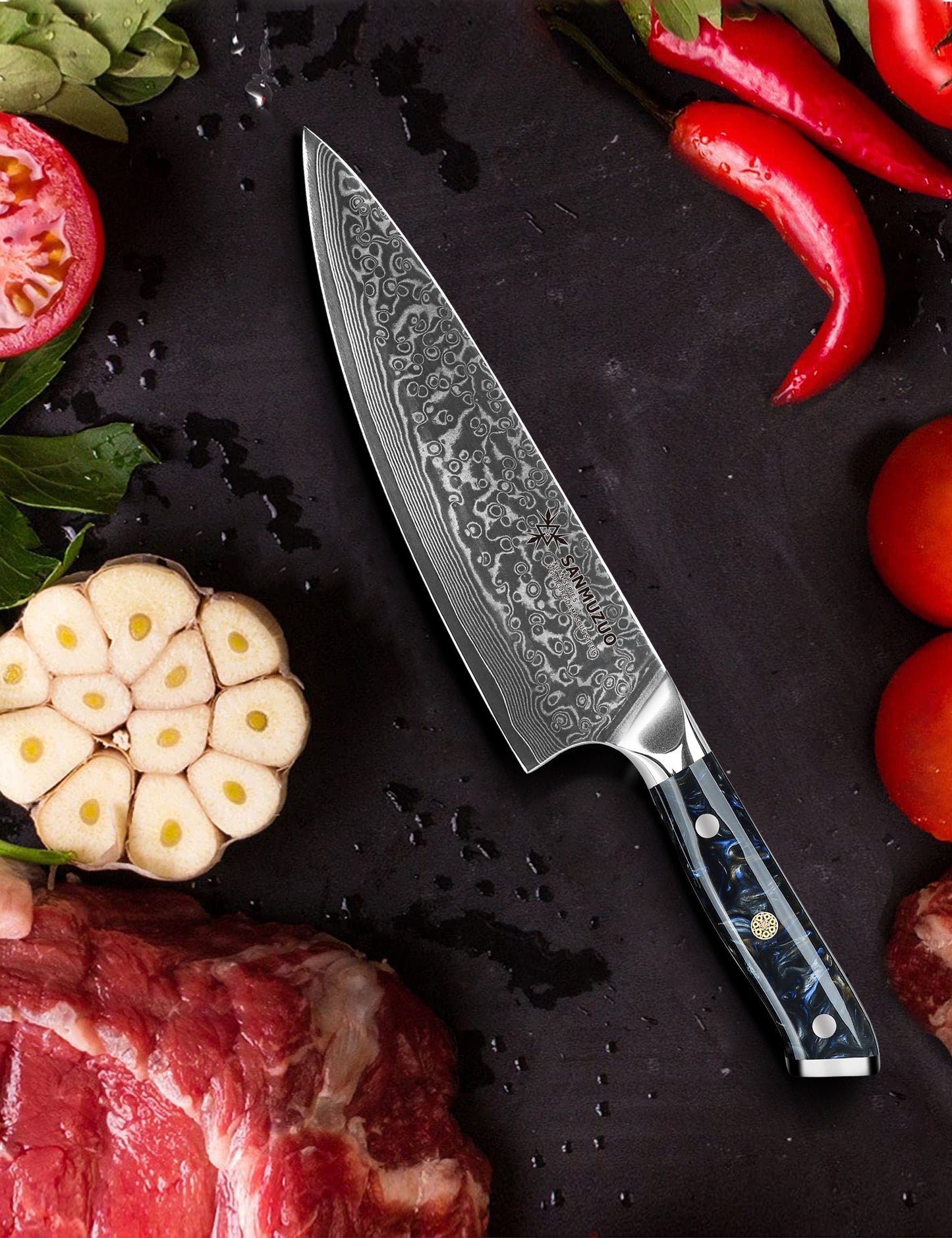 SANMUZUO Chef Knife - 8 inch - Xuan Series - VG10 Damascus Steel Kitchen Knife - Resin Handle