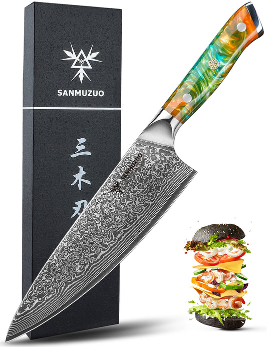 SANMUZUO Chef Knife - 8 inch - Xuan Series - VG10 Damascus Steel Kitchen Knife - Resin Handle