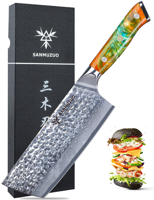 SANMUZUO 7" Nakiri Knife - Vegetable Cleaver Kitchen Knives - Japanese Usuba Knife - Hammered Damascus Steel & Resin Handle - YAO Series