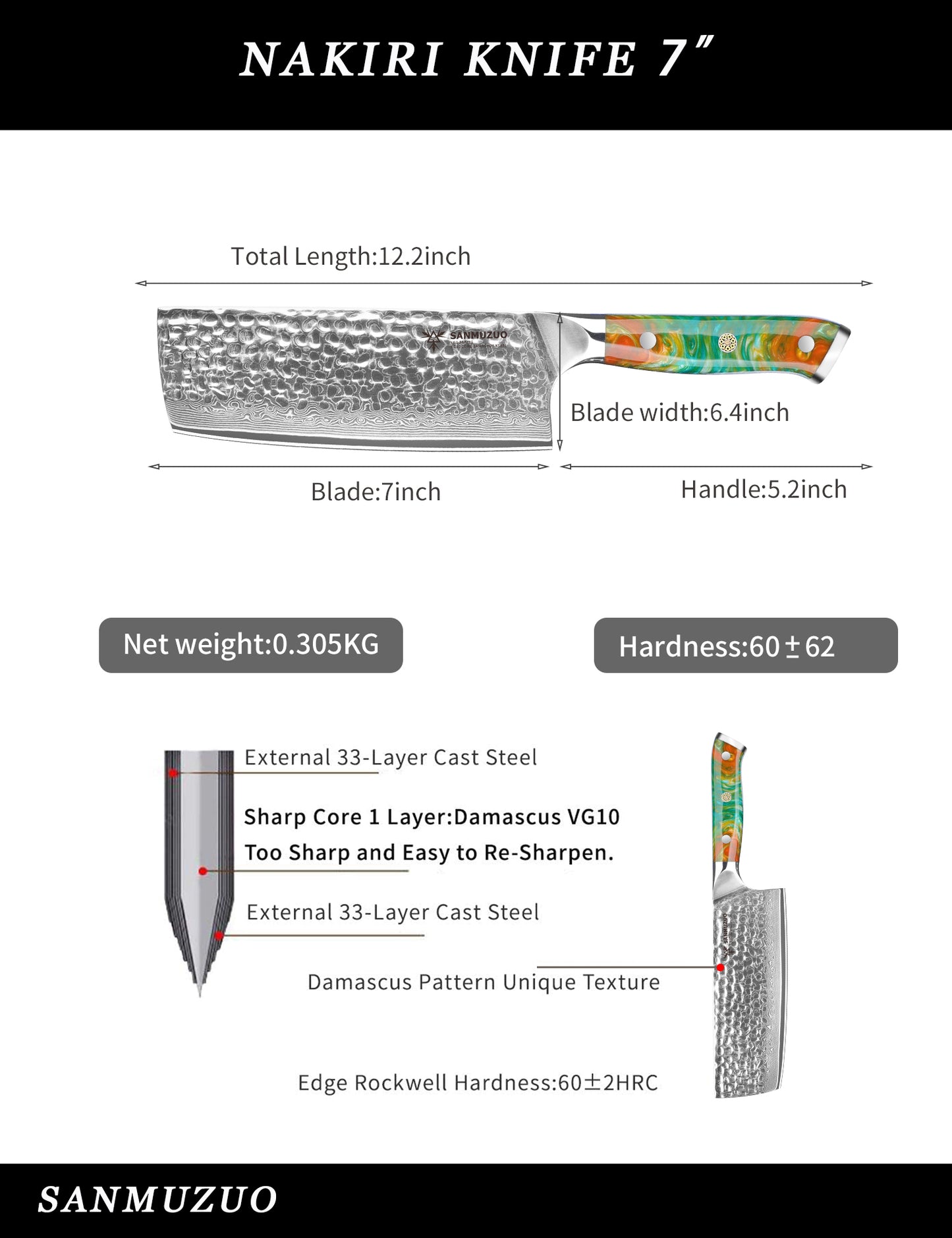 SANMUZUO 7" Nakiri Knife - Vegetable Cleaver Kitchen Knives - Japanese Usuba Knife - Hammered Damascus Steel & Resin Handle - YAO Series