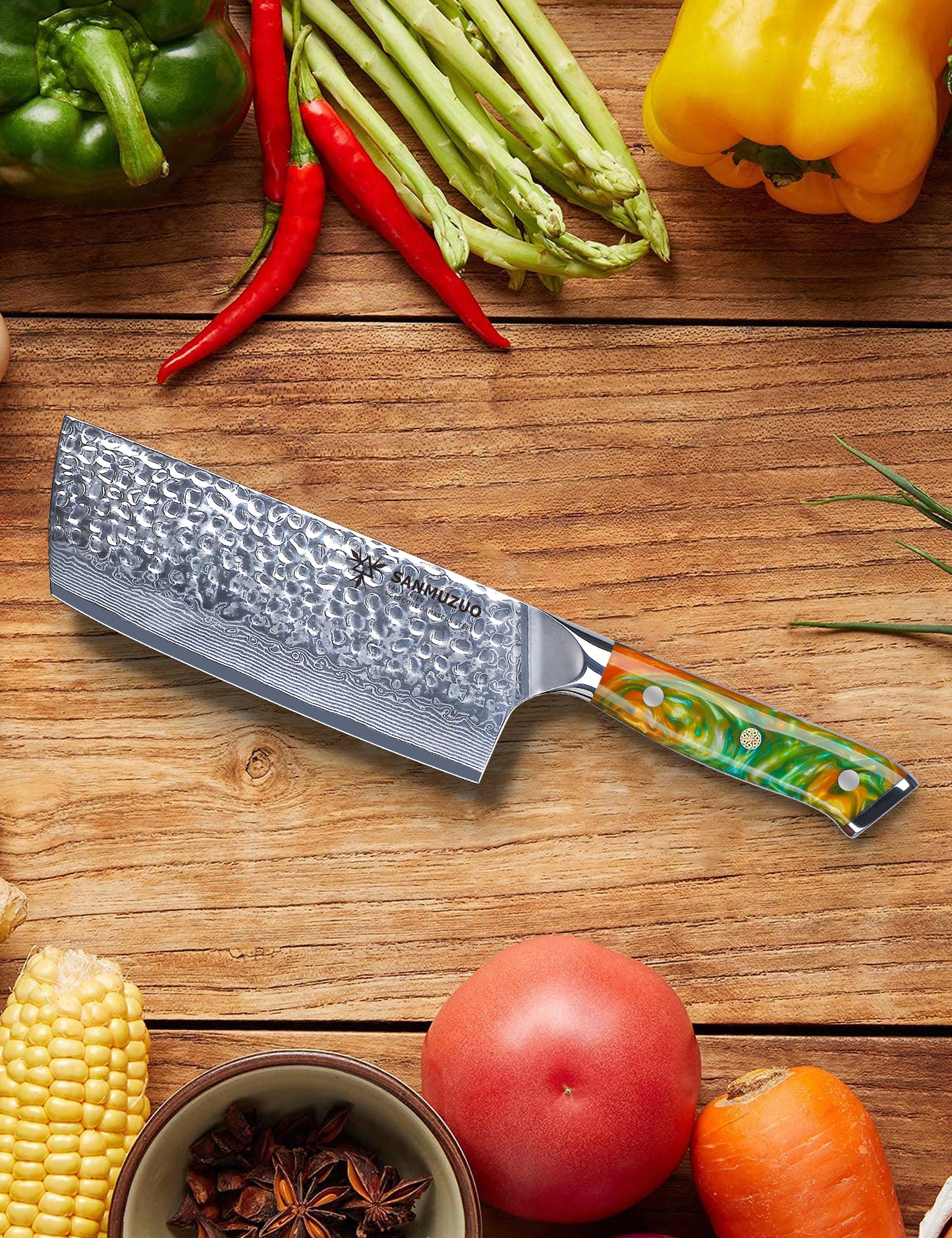 SANMUZUO 7" Nakiri Knife - Vegetable Cleaver Kitchen Knives - Japanese Usuba Knife - Hammered Damascus Steel & Resin Handle - YAO Series