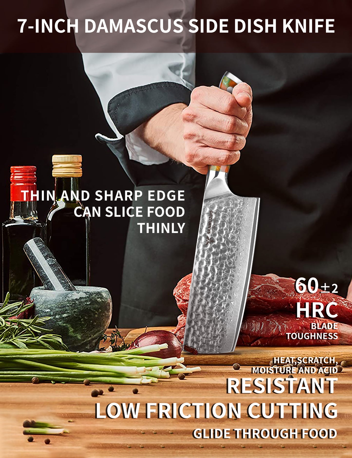 SANMUZUO 7" Nakiri Knife - Vegetable Cleaver Kitchen Knives - Japanese Usuba Knife - Hammered Damascus Steel & Resin Handle - YAO Series