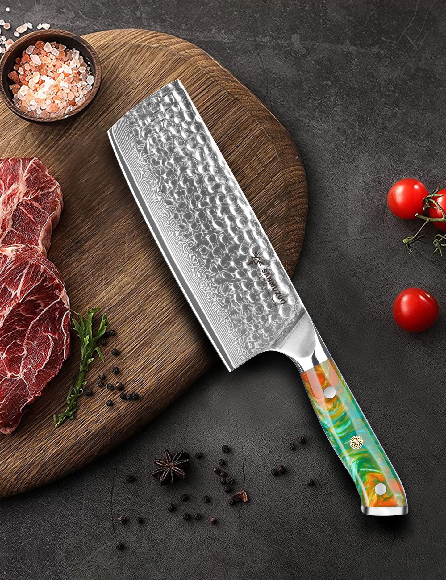 SANMUZUO 7" Nakiri Knife - Vegetable Cleaver Kitchen Knives - Japanese Usuba Knife - Hammered Damascus Steel & Resin Handle - YAO Series