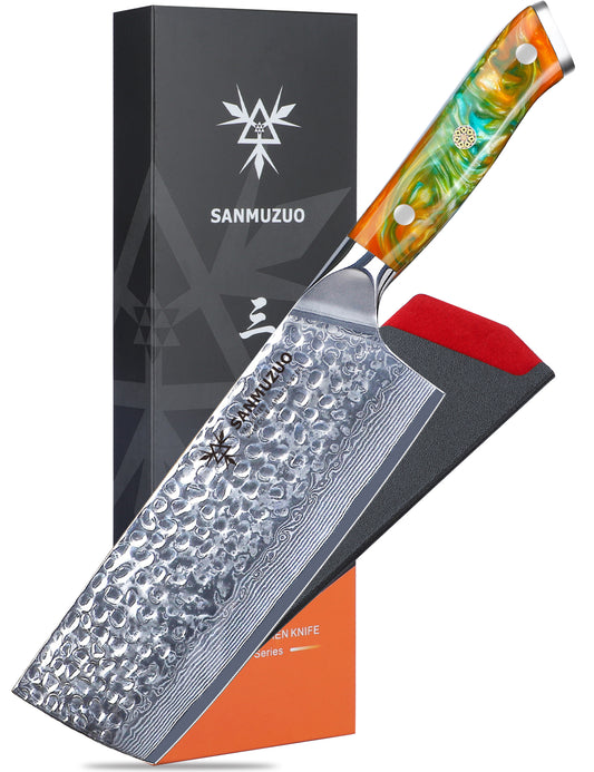 SANMUZUO 7" Nakiri Knife - Vegetable Cleaver Kitchen Knives - Japanese Usuba Knife - Hammered Damascus Steel & Resin Handle - YAO Series
