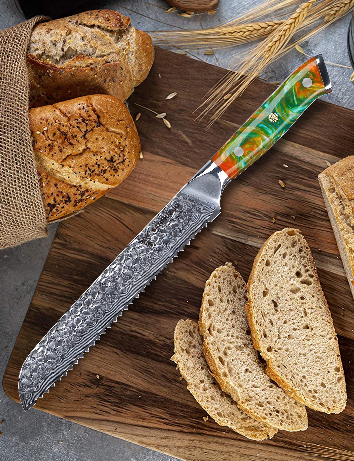 SANMUZUO 8" Bread Knife Serrated Blade- Hammered Damascus Steel & Resin Handle - Yao Series