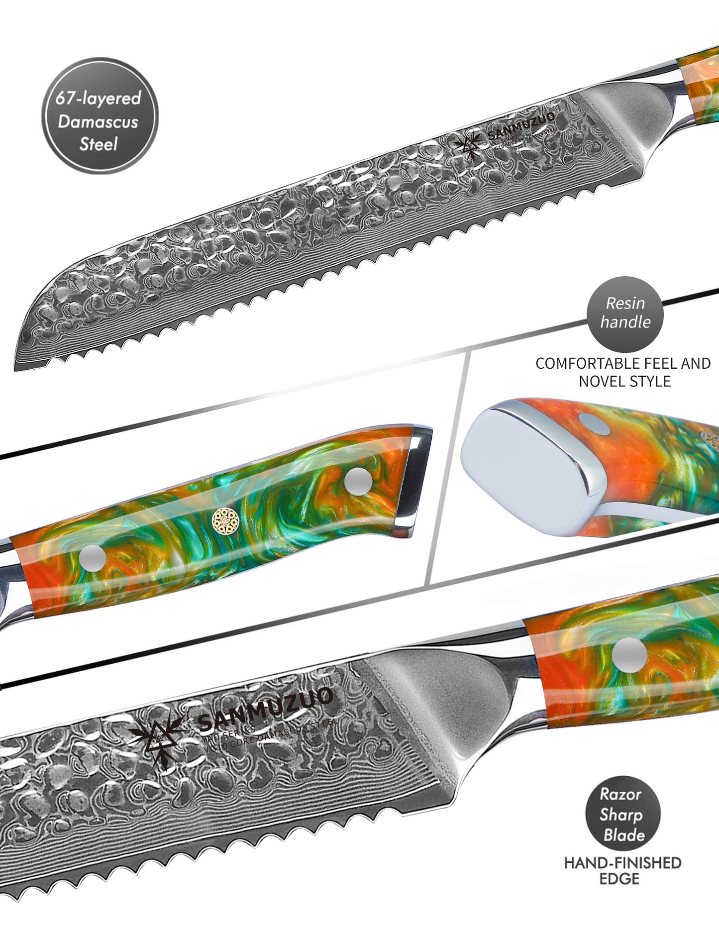 SANMUZUO 8" Bread Knife Serrated Blade- Hammered Damascus Steel & Resin Handle - Yao Series