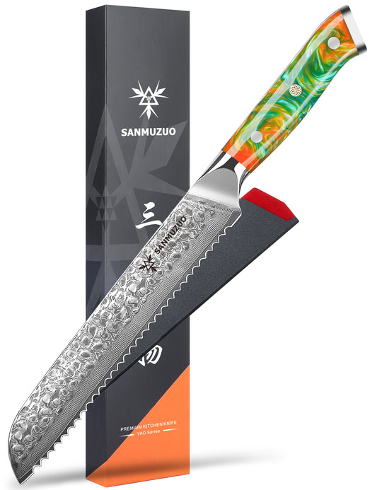 SANMUZUO 8" Bread Knife Serrated Blade- Hammered Damascus Steel & Resin Handle - Yao Series