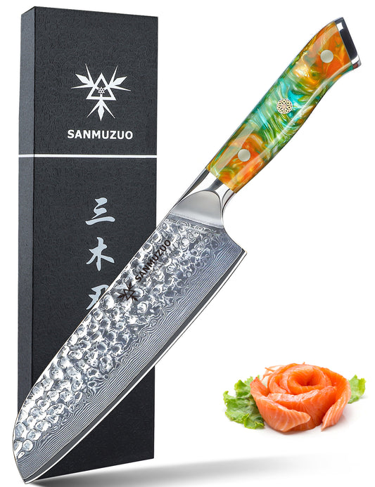 SANMUZUO 7" Santoku Knife - Japanese Chef Knife - Hammered Damascus Steel & Resin Handle - YAO Series