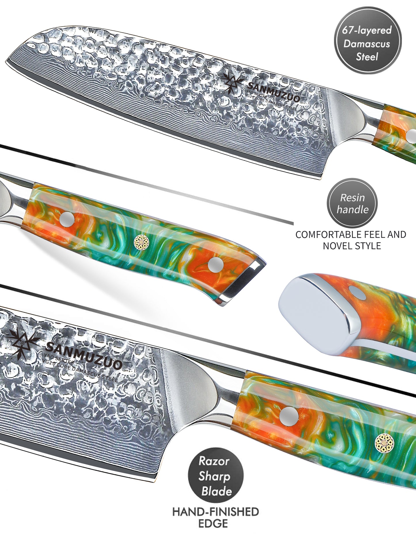 SANMUZUO 7" Santoku Knife - Japanese Chef Knife - Hammered Damascus Steel & Resin Handle - YAO Series