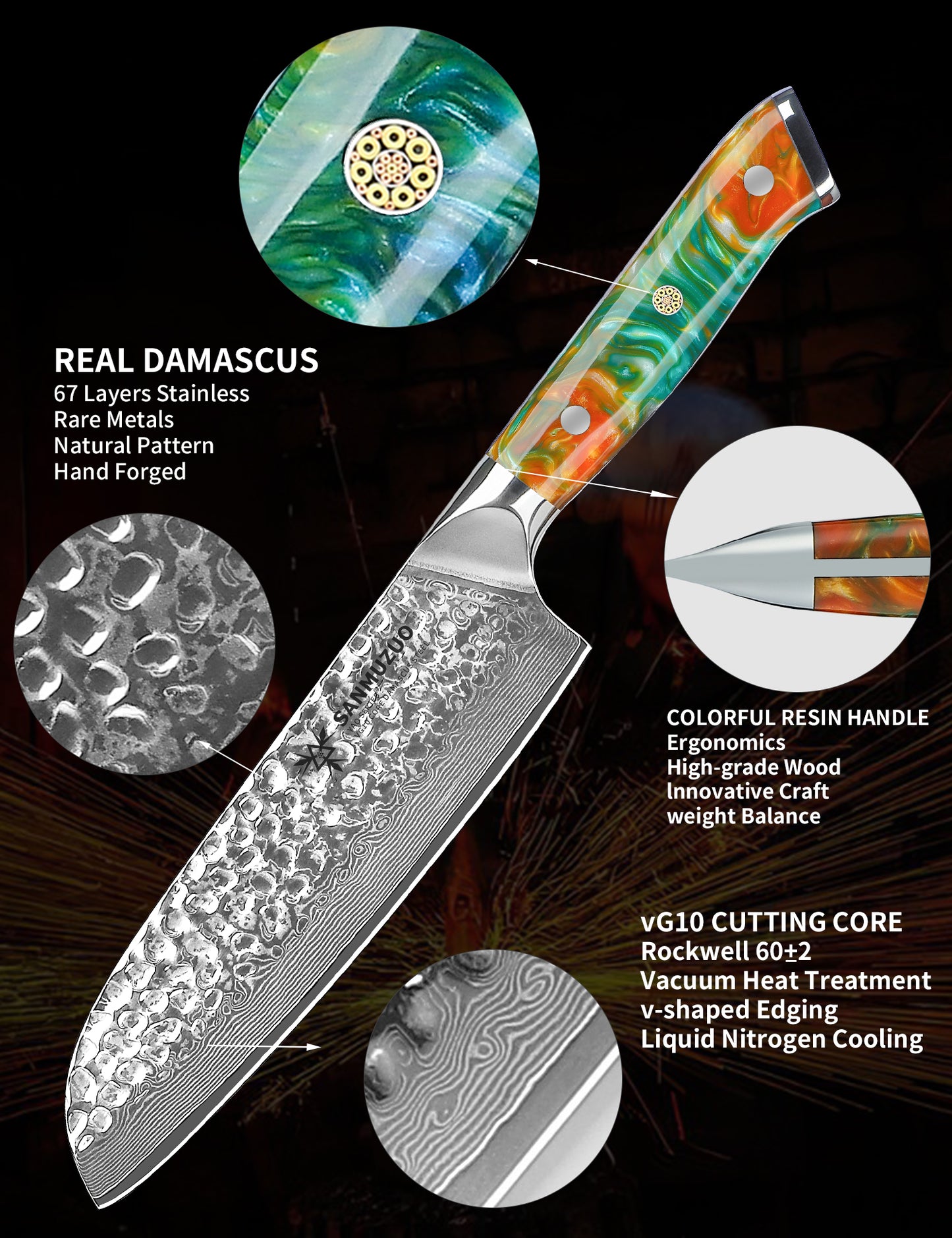 SANMUZUO 7" Santoku Knife - Japanese Chef Knife - Hammered Damascus Steel & Resin Handle - YAO Series