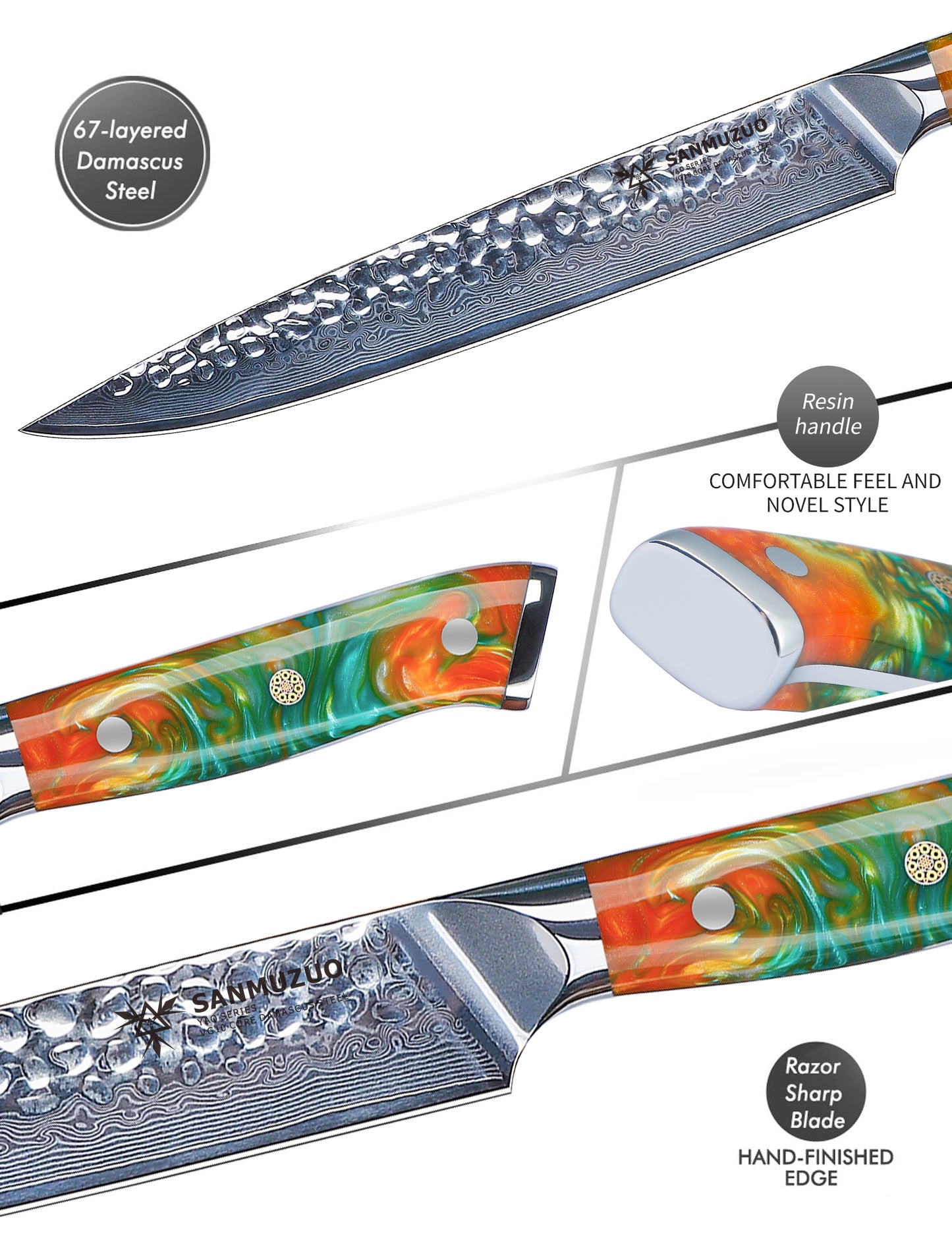 SANMUZUO Carving Knife, Meat Slicing Knife - Hammered Damascus Steel & Resin Handle - Yao Series