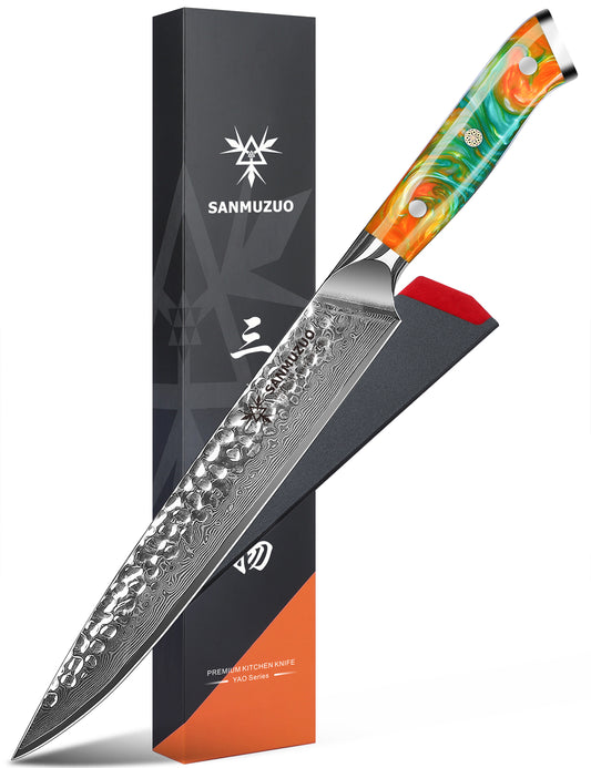 SANMUZUO Carving Knife, Meat Slicing Knife - Hammered Damascus Steel & Resin Handle - Yao Series