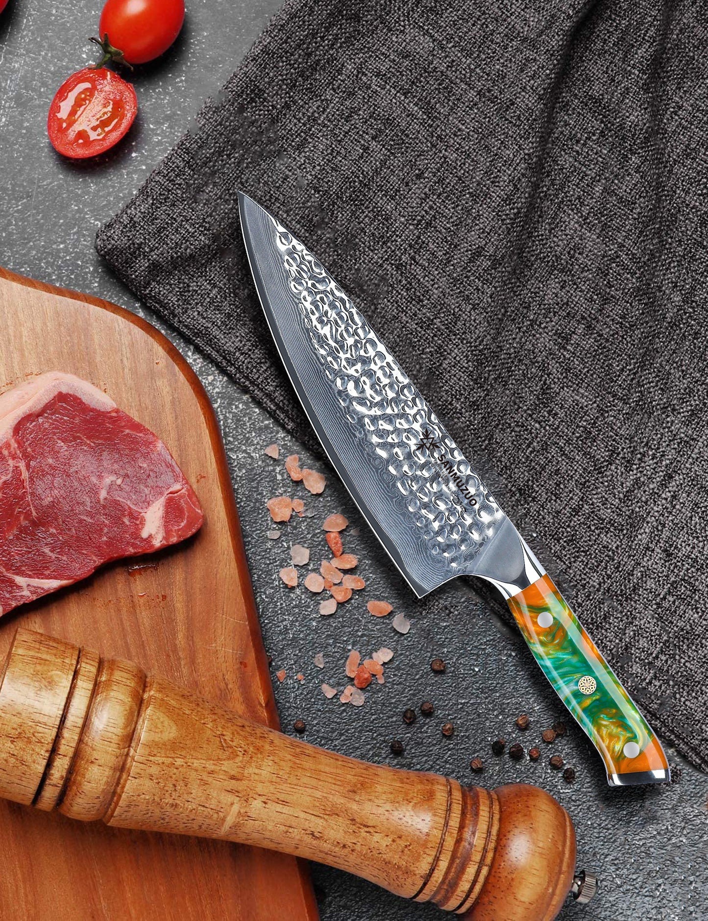 SANMUZUO 8" Chef Knife - Professional Kitchen Knife - Hammered Damascus Steel & Resin Handle - YAO Series