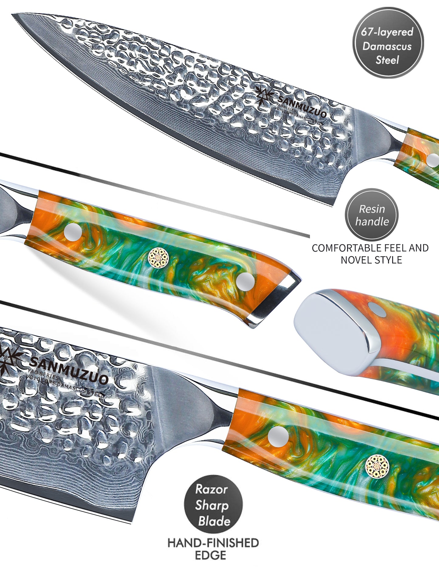 SANMUZUO 8" Chef Knife - Professional Kitchen Knife - Hammered Damascus Steel & Resin Handle - YAO Series