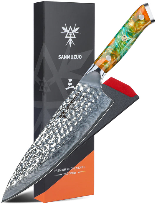 SANMUZUO 8" Chef Knife - Professional Kitchen Knife - Hammered Damascus Steel & Resin Handle - YAO Series