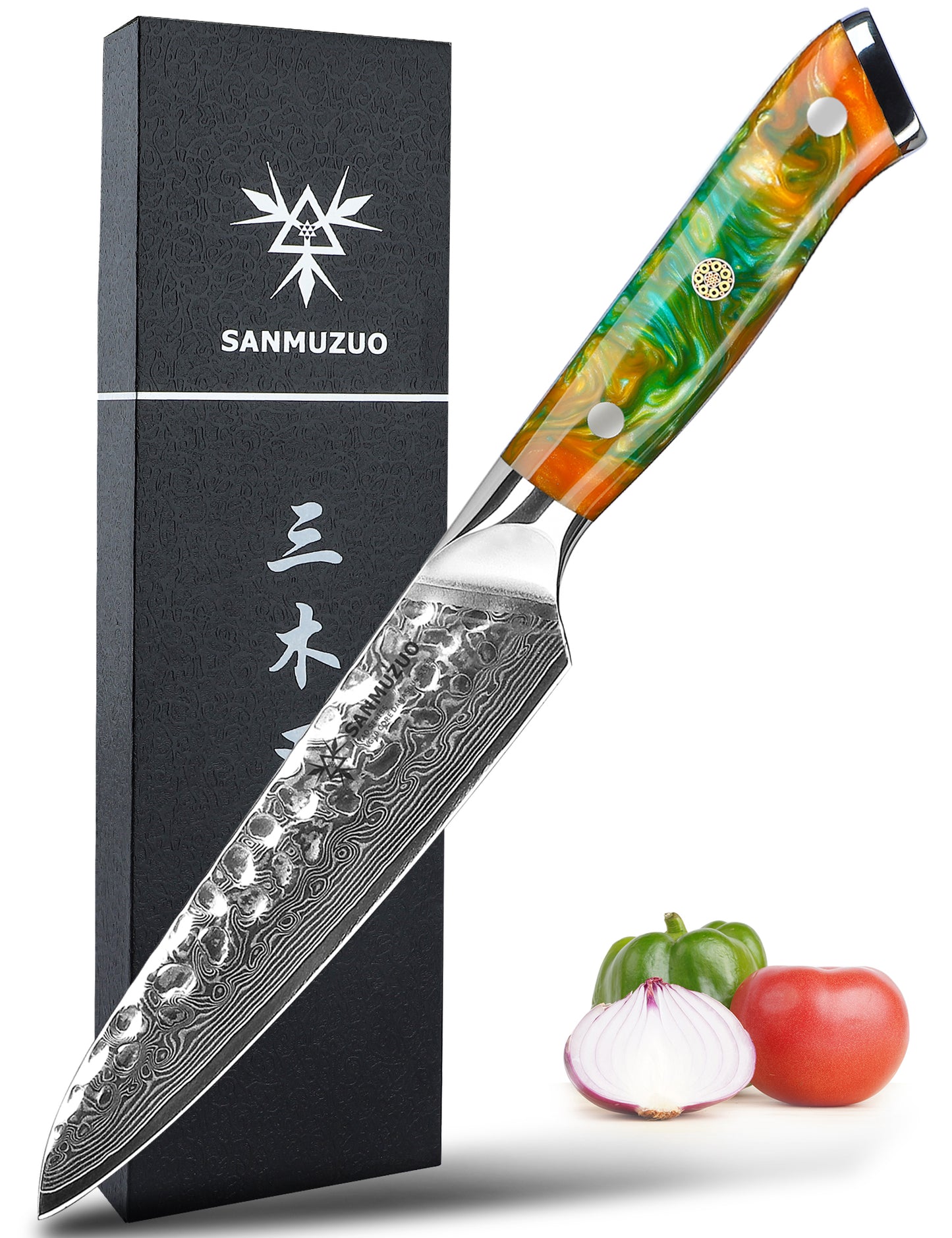 SANMUZUO 5 Inch Utility Knife - Fruit and Vegetable Knives, 67 Layers Forged Damascus Steel & Resin Handle - Yao Series