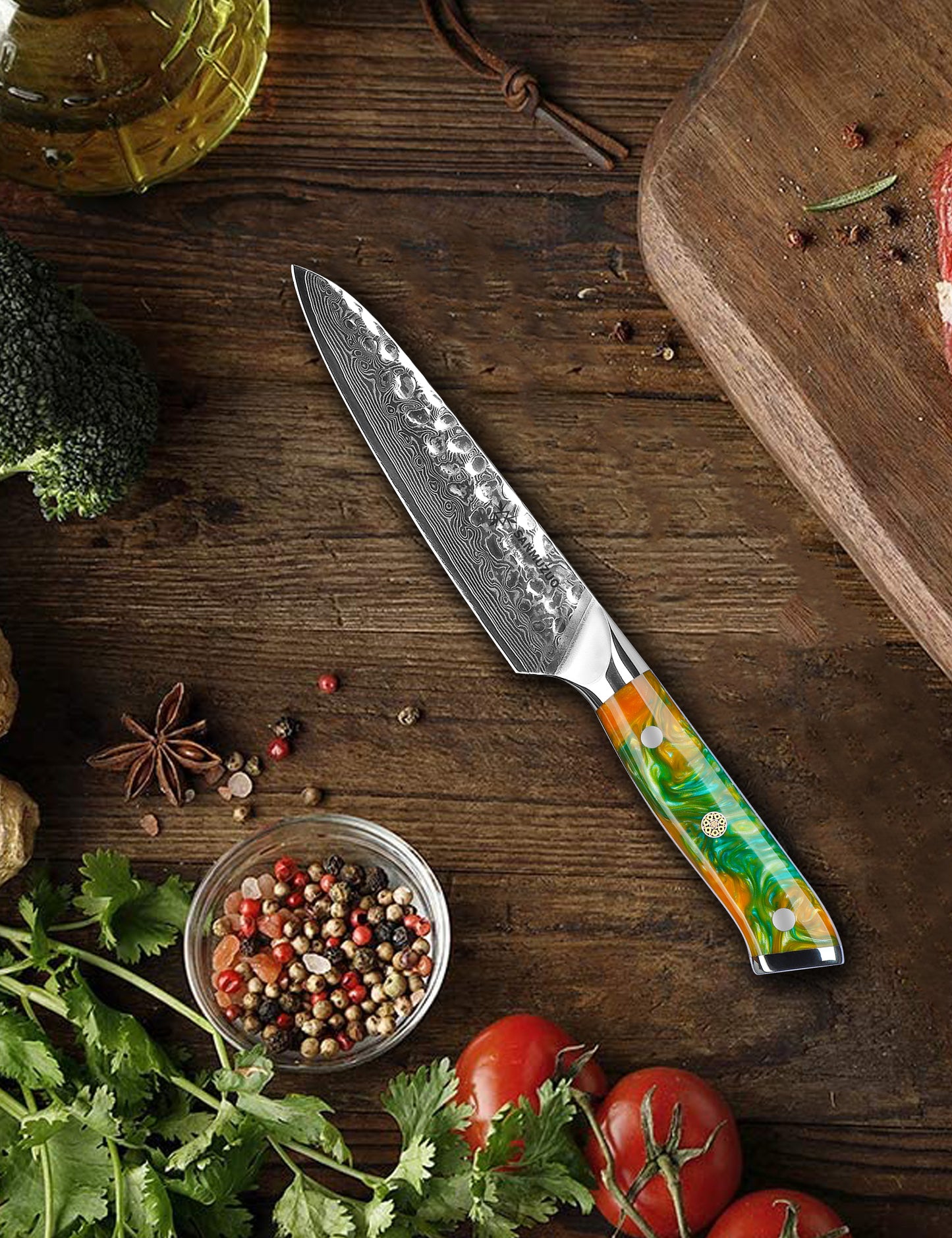 SANMUZUO 5 Inch Utility Knife - Fruit and Vegetable Knives, 67 Layers Forged Damascus Steel & Resin Handle - Yao Series