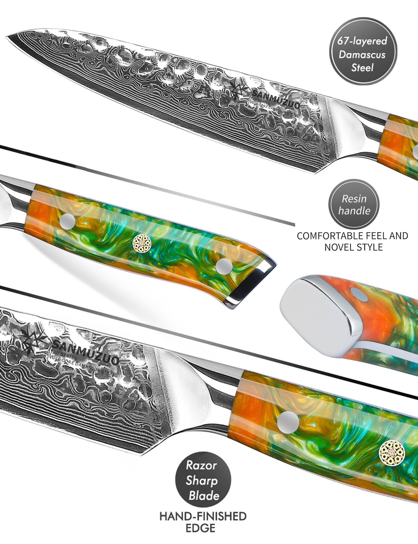 SANMUZUO 5 Inch Utility Knife - Fruit and Vegetable Knives, 67 Layers Forged Damascus Steel & Resin Handle - Yao Series