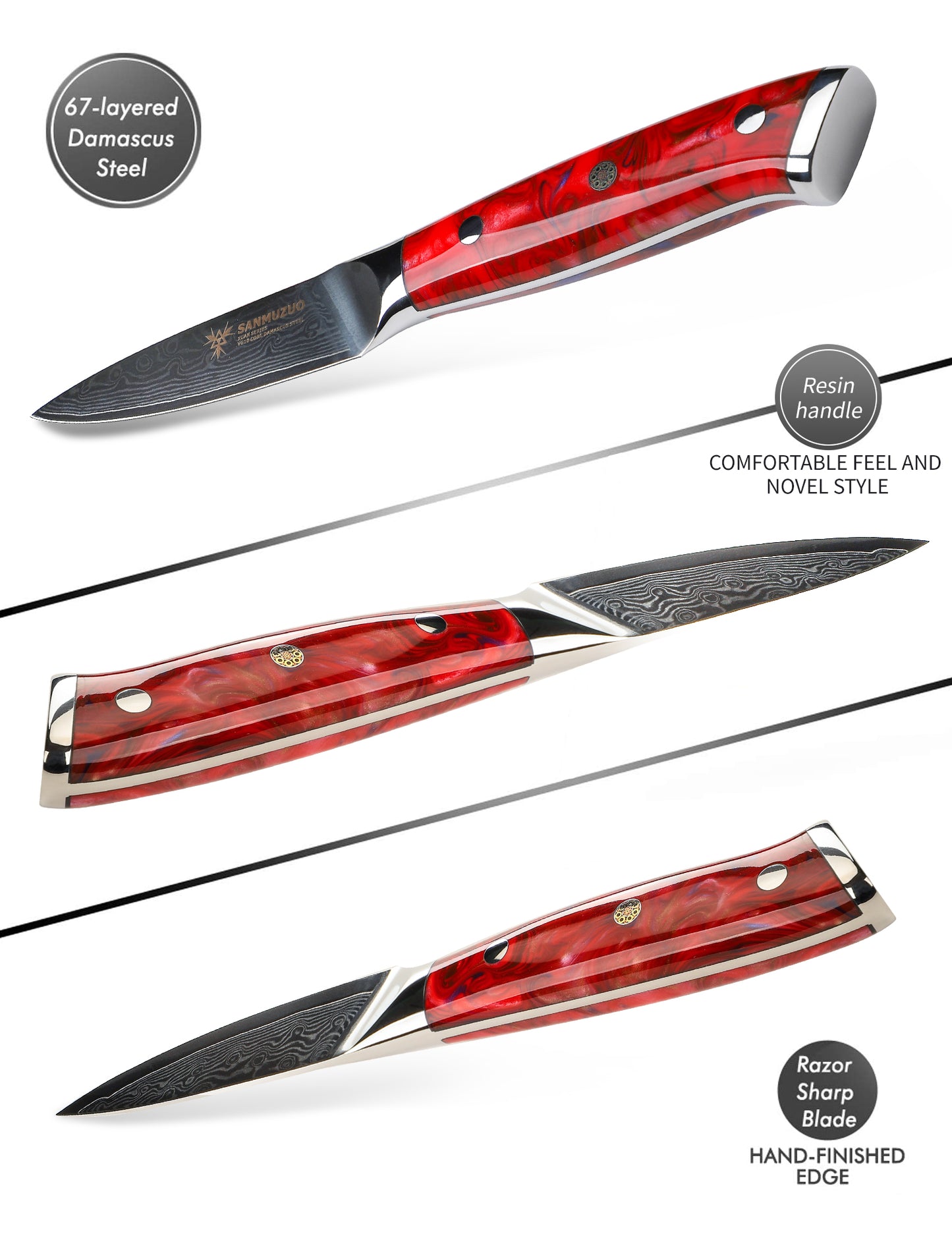 SANMUZUO 3.5 Inch Paring Knife - Kitchen Fruit Peeling Knife Damascus Steel & Resin Handle - Xuan Series