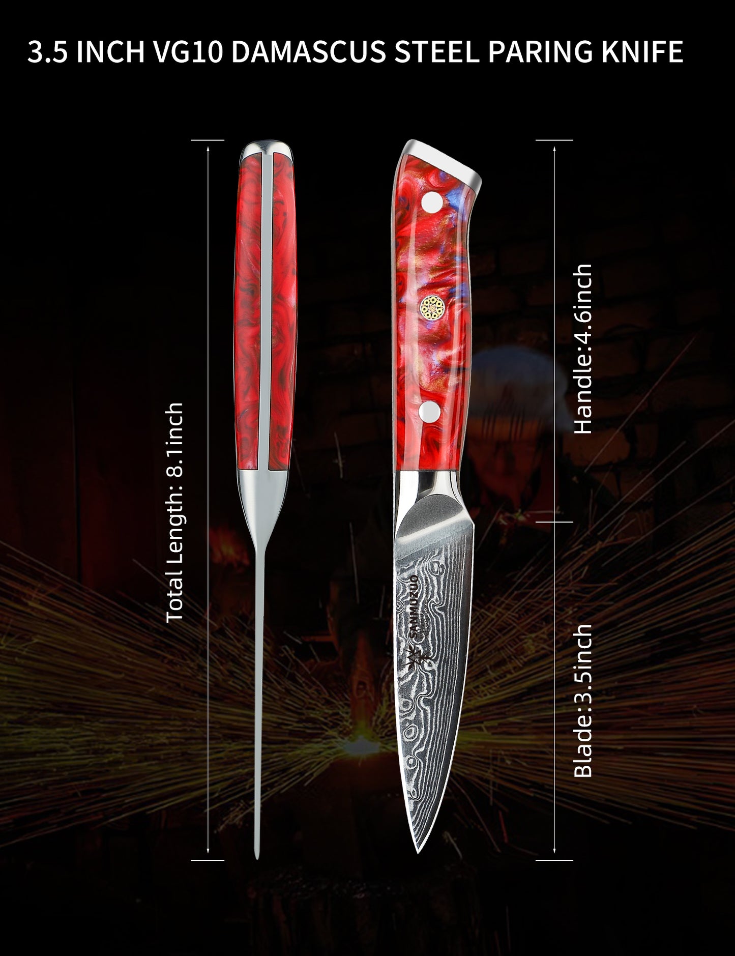 SANMUZUO 3.5 Inch Paring Knife - Kitchen Fruit Peeling Knife Damascus Steel & Resin Handle - Xuan Series