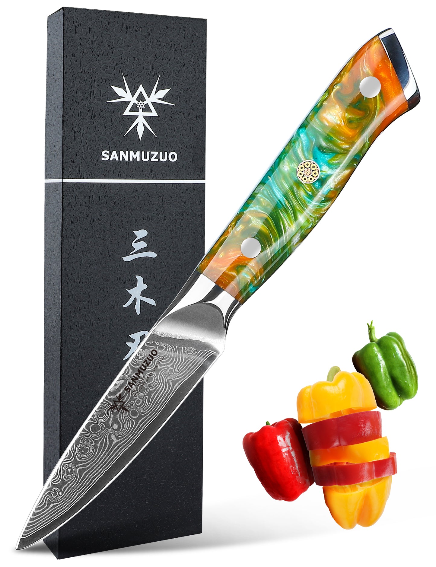 SANMUZUO 3.5 Inch Paring Knife - Kitchen Fruit Peeling Knife Damascus Steel & Resin Handle - Xuan Series