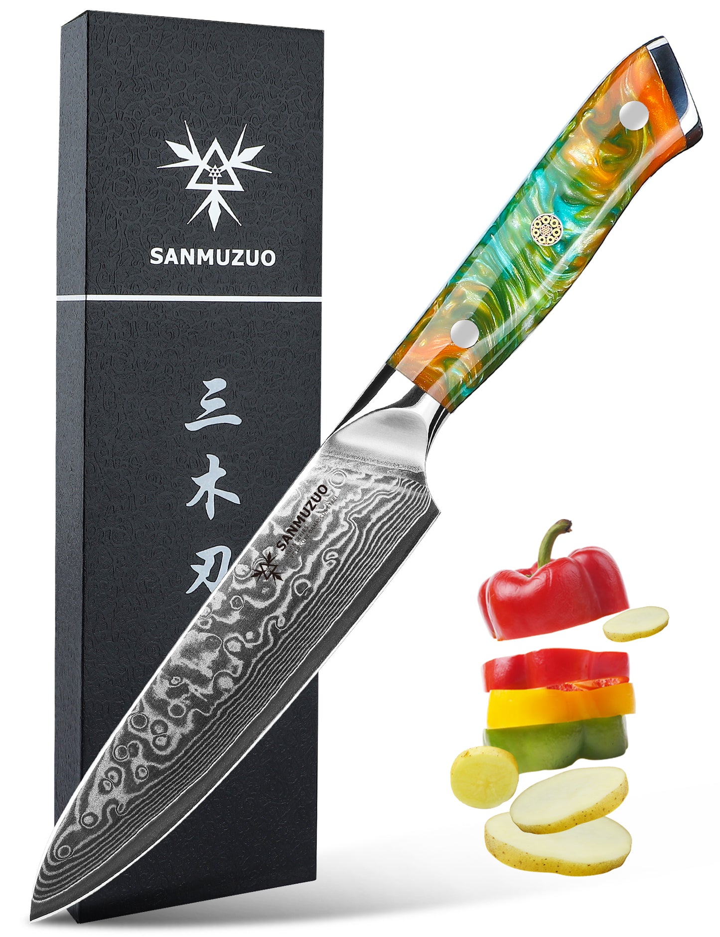 SANMUZUO 5 Inch Kitchen Utility Knife - Xuan Series Kitchen Knives - VG10 Damascus Steel with Resin Handle