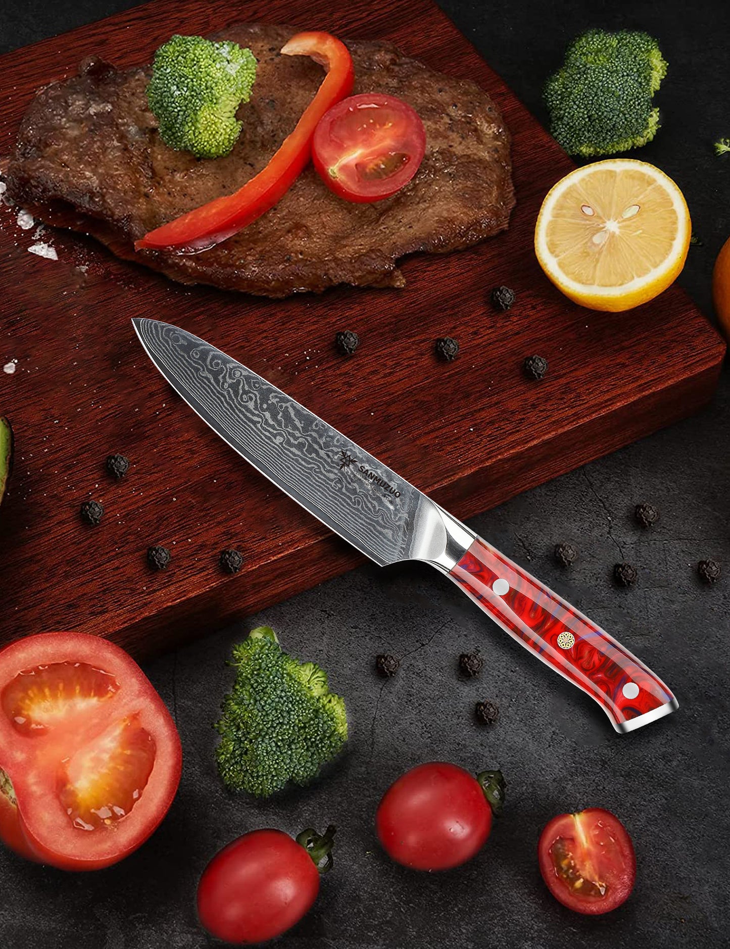 SANMUZUO 5 Inch Kitchen Utility Knife - Xuan Series Kitchen Knives - VG10 Damascus Steel with Resin Handle