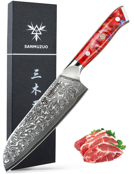 SANMUZUO Santoku Knife - 7 inch - Xuan Series - VG10 Damascus Steel Kitchen Knife - Resin Handle