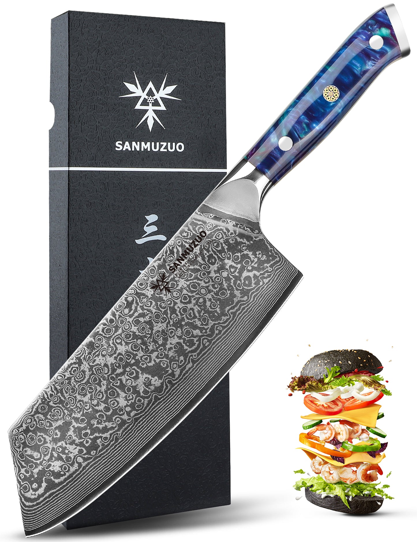 SANMUZUO Nakiri Knife - 7.5 inch Cleaver Knife- Xuan Series - VG10 Damascus Steel Kitchen Knife - Resin Handle