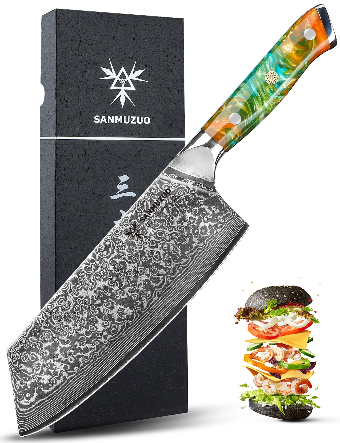 SANMUZUO Nakiri Knife - 7.5 inch Cleaver Knife- Xuan Series - VG10 Damascus Steel Kitchen Knife - Resin Handle