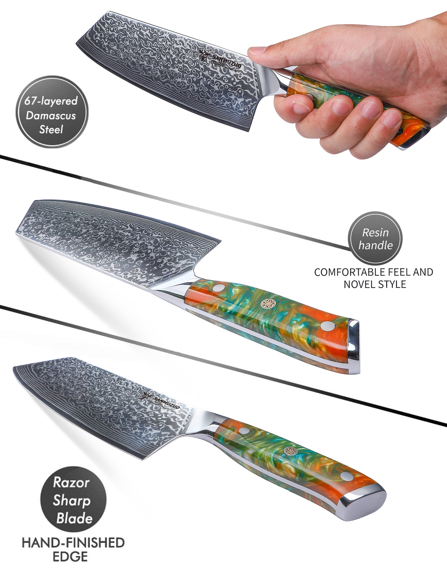 SANMUZUO Nakiri Knife - 7.5 inch Cleaver Knife- Xuan Series - VG10 Damascus Steel Kitchen Knife - Resin Handle