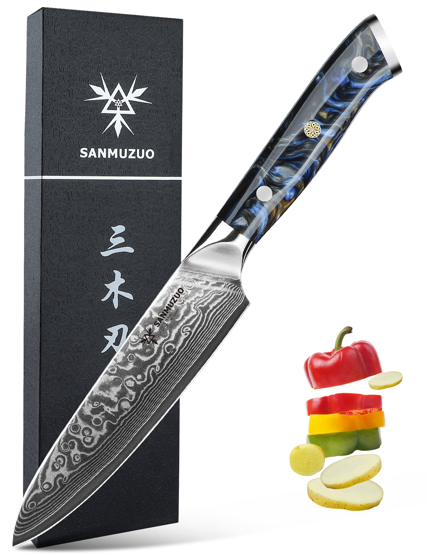 SANMUZUO 5 Inch Kitchen Utility Knife - Xuan Series Kitchen Knives - VG10 Damascus Steel with Resin Handle