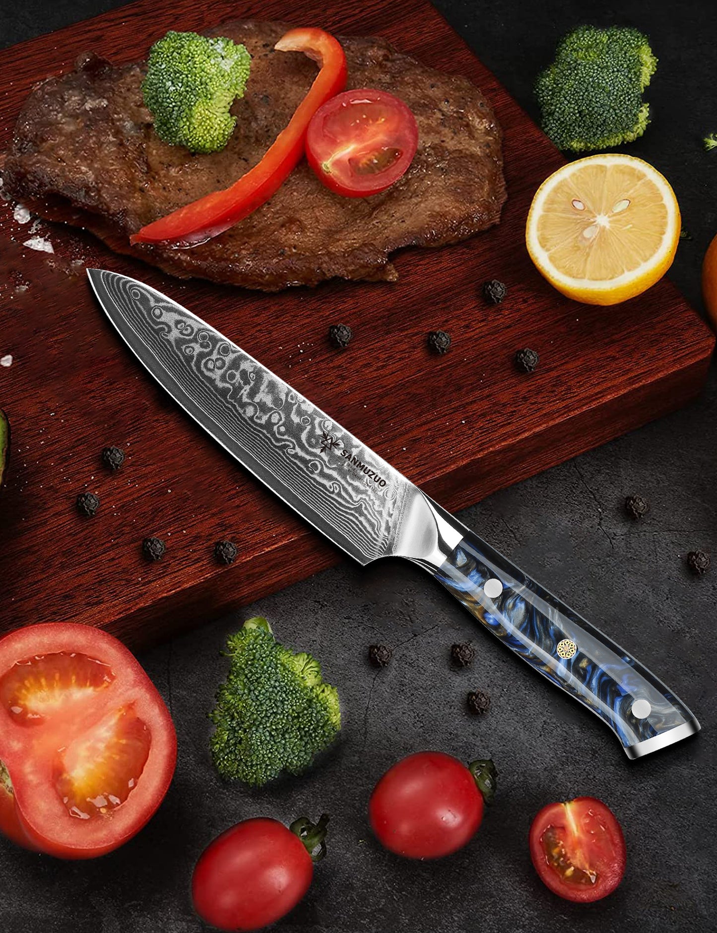 SANMUZUO 5 Inch Kitchen Utility Knife - Xuan Series Kitchen Knives - VG10 Damascus Steel with Resin Handle