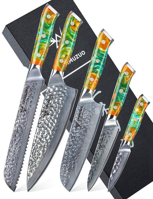 SANMUZUO Kitchen Cooking Knife Set - 5 Pieces Chef Knives- Forged Damascus Steel & Resin Handle - Yao Series