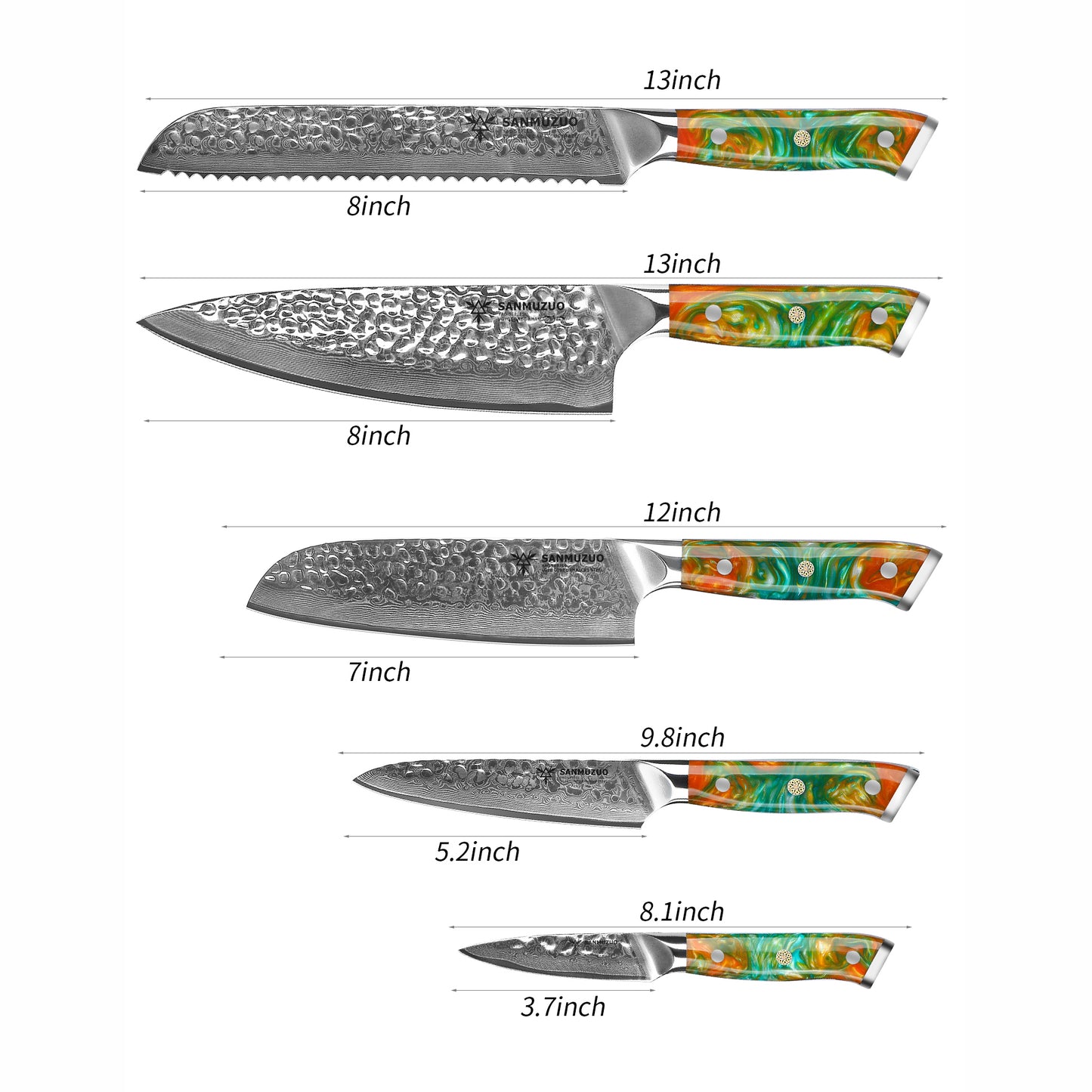 SANMUZUO Kitchen Cooking Knife Set - 5 Pieces Chef Knives- Forged Damascus Steel & Resin Handle - Yao Series