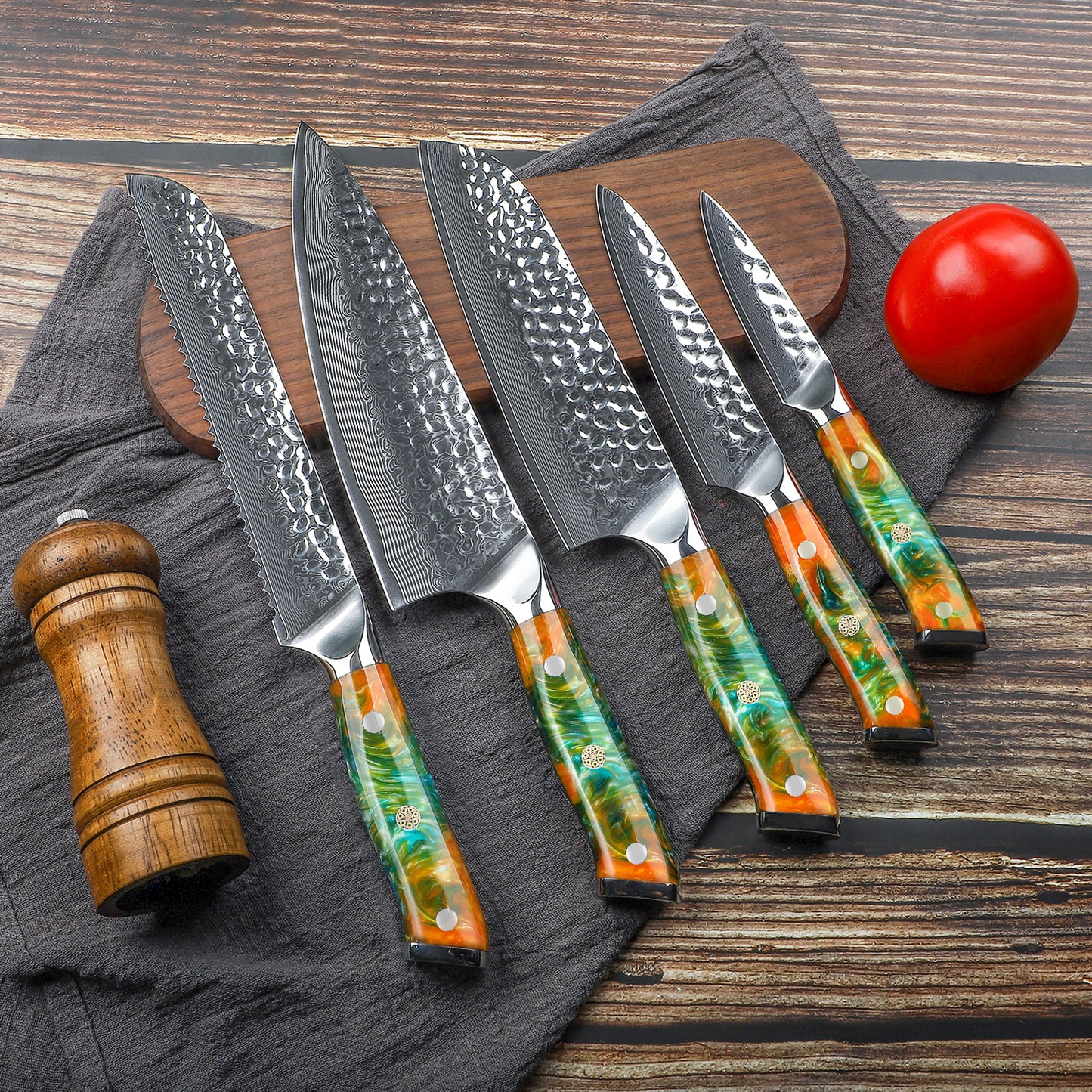 SANMUZUO Kitchen Cooking Knife Set - 5 Pieces Chef Knives- Forged Damascus Steel & Resin Handle - Yao Series