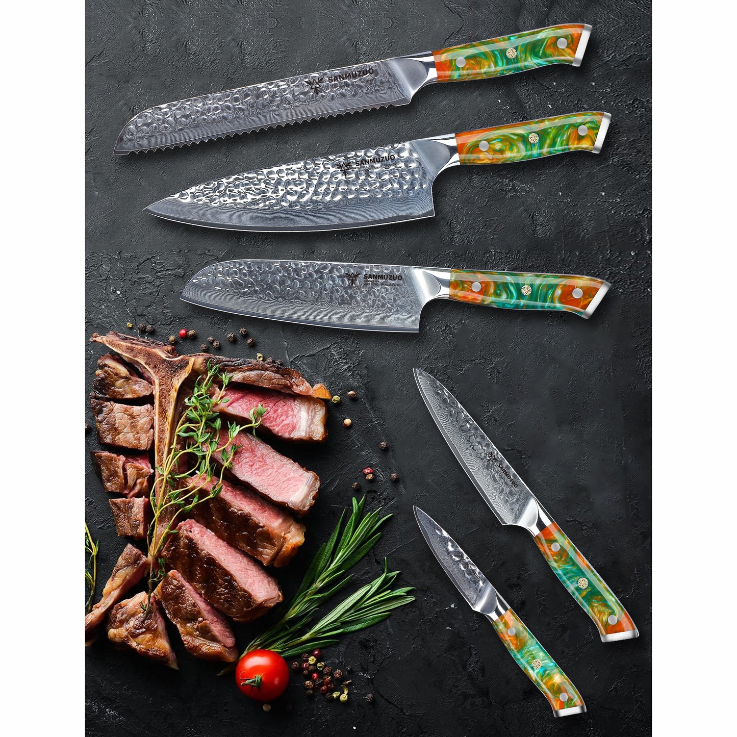 SANMUZUO Kitchen Cooking Knife Set - 5 Pieces Chef Knives- Forged Damascus Steel & Resin Handle - Yao Series