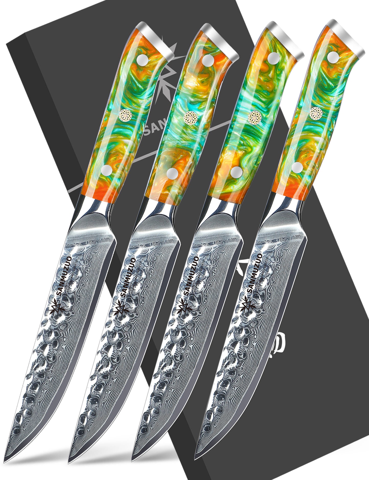 SANMUZUO Steak Knives Set of 4, Ultra Sharp Kitchen Steak Knife 5 Inch - Forged Damascus Steel & Resin Handle - Yao Series