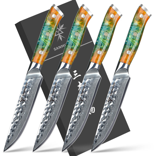 SANMUZUO Steak Knives Set of 4, Ultra Sharp Kitchen Steak Knife 5 Inch - Forged Damascus Steel & Resin Handle - Yao Series