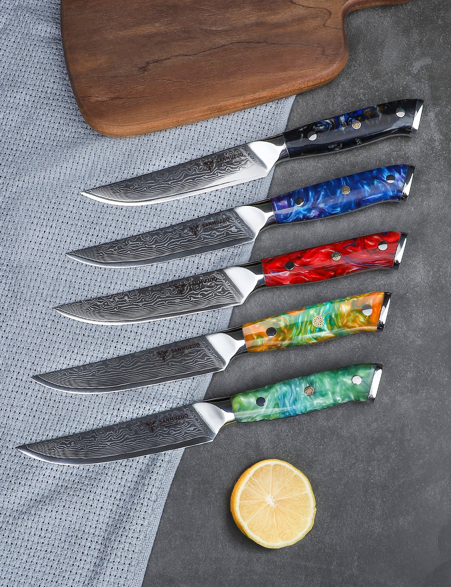 SANMUZUO Steak Knives Set of 4, Ultra Sharp Non Serrated Kitchen Steak Knife 5 Inch - Damascus Steel & Resin Handle - Xuan Series