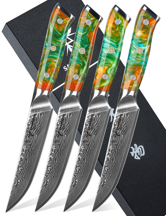 SANMUZUO Steak Knives Set of 4, Ultra Sharp Non Serrated Kitchen Steak Knife 5 Inch - Damascus Steel & Resin Handle - Xuan Series