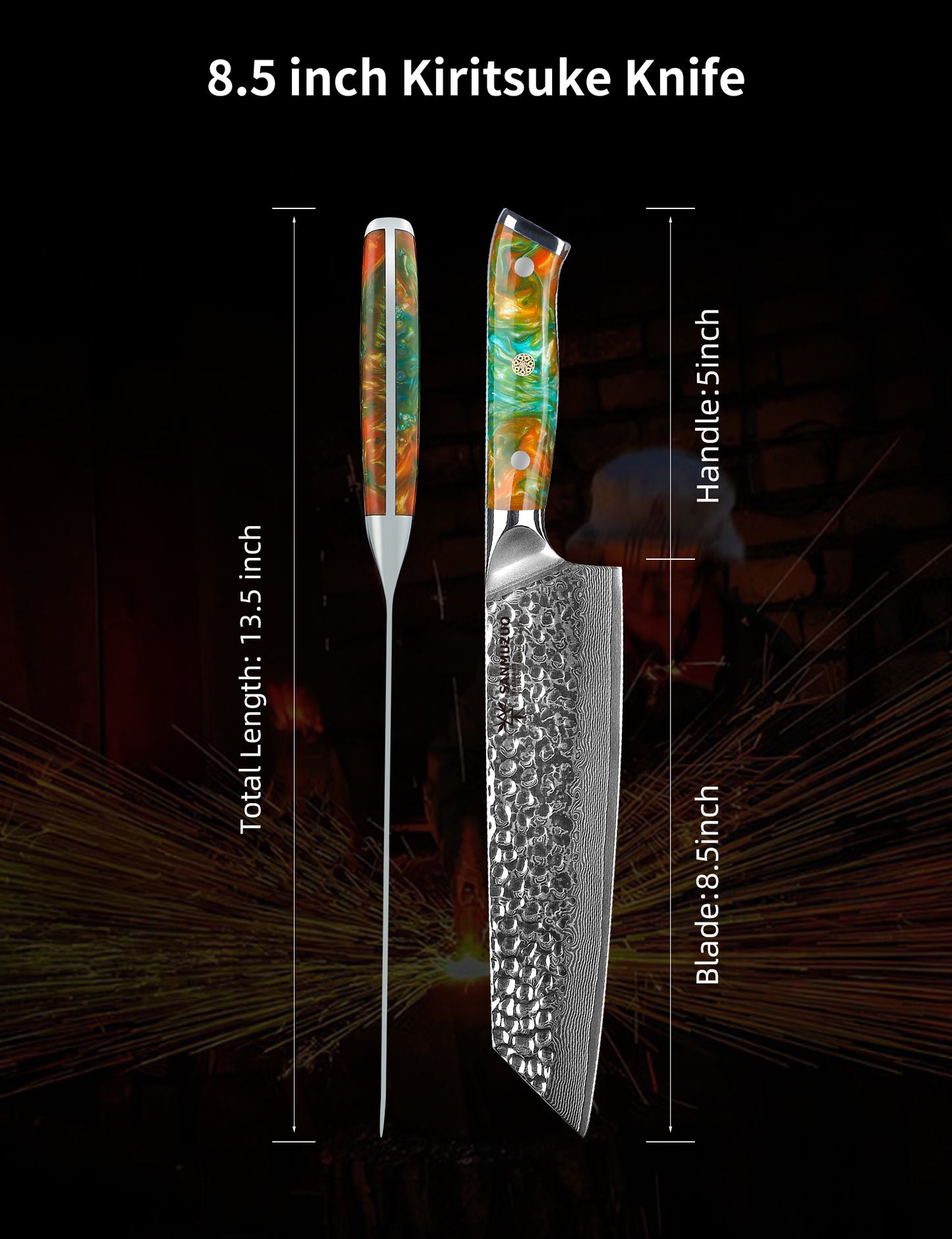 SANMUZUO 8.5" Kiritsuke Knife - Professional Kitchen Chef Knife - Hammered Damascus Steel & Resin Handle - YAO Series